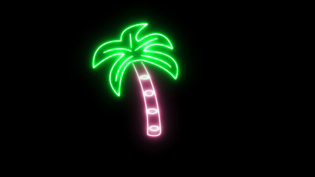 Glowing neon palm tree symbol of paradise evokes a playful tropical getaway at night on a black