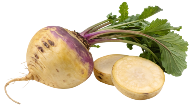 Fresh swede root vegetable with green leaves isolated on transparent background