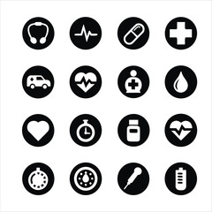 Medical and Healthcare Glyph Icon Set Collection of Circle Symbols for Hospital Emergency and Pharmacy Services
