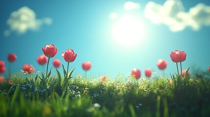 Pink tulips in a grassy field under a vibrant blue sky.