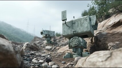 Camouflaged anti-drone sensors hidden in rocky terrain scanning above for enemy drones
