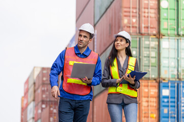 Engineers Team Inspecting Shipping Containers at Port Terminal, Foreman Workers at Container Yard, Diverse Team at Cargo Port, Teamwork concepts