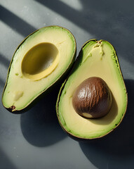 avocado cut in half on wooden surface