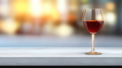 Elegant Red Wine Glass on Wooden Table with Blurred Background, Perfect for Celebrations, Dinners, and Romantic Evenings in a Cozy Atmosphere