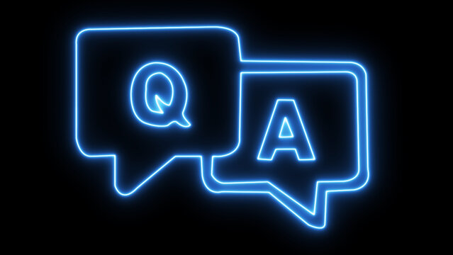 Glowing blue neon Q A chat bubbles symbolizing collaborative knowledge sharing on a clean black