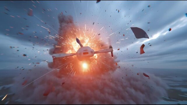Drone explosion in mid-air after contact with an anti-drone electromagnetic shield, dramatic sky
