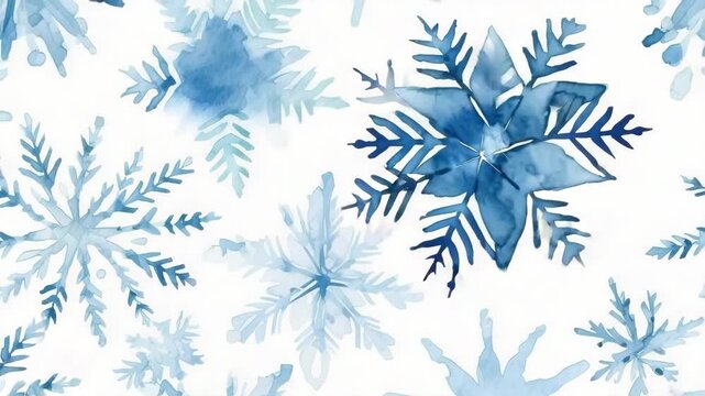Video of cartoon aquarel snowflakes for greeting card. Beautiful set blue snowflakes, seamless texture. New year design elements, frozen symbol. Christmas snow, blizzard. Watercolor illustrative video