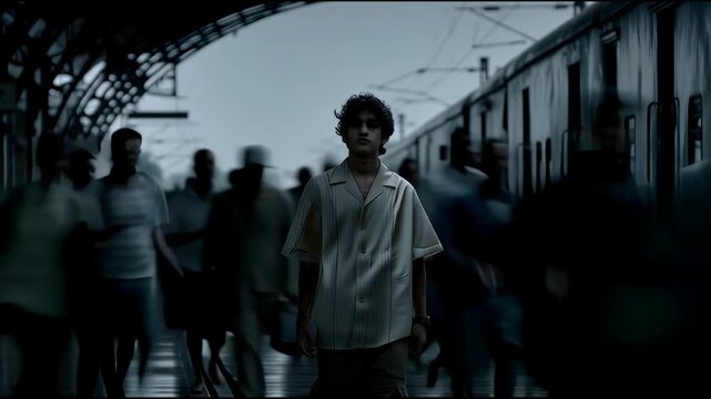 Motion blur shot of crowd of travellers walking around the guy who remains static and doesn't move