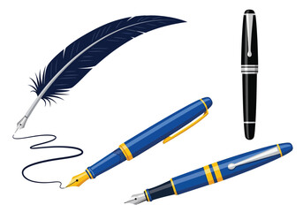 Collection of writing instruments including feather quill and fountain pens Vector illustration of