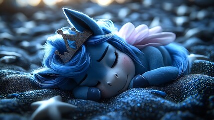 A sleeping, blue creature rests on a bed of glitter.
