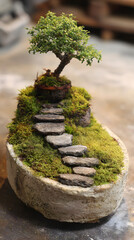 Miniature Bonsai Tree on Sphagnum Moss with Stone Path