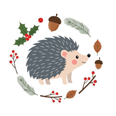 Cute Hedgehog Surrounded by Autumn and Winter Elements animal cartoon Vector illustration of