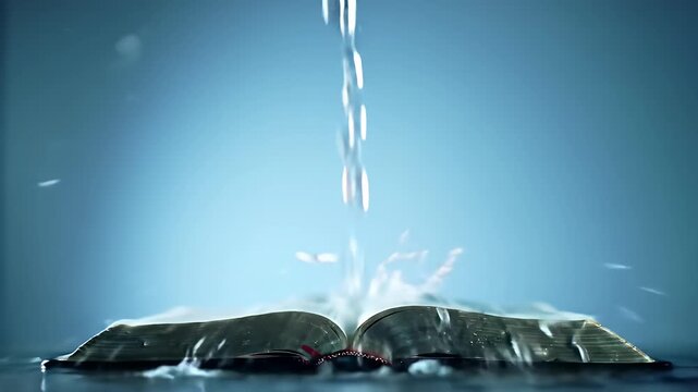 Water Pouring Over Open Book Against Blue Background Creating Splash Wet Pages
