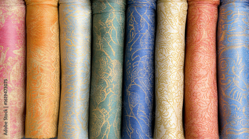 Aufkleber A variety of colorful fabrics displayed in a beautiful arrangement showcasing texture and patterns