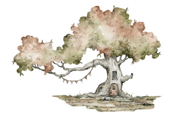 Watercolor tree house with garland. Cute autumn forest elements for landscape