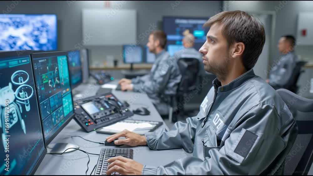 Poster security personnel monitoring a real-time anti-drone detection system inside a control room