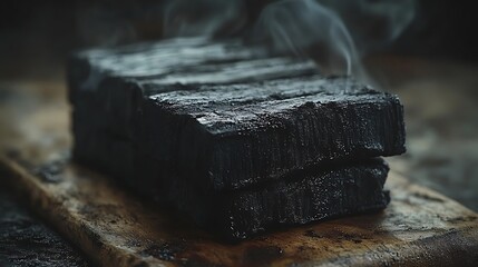 Stack of black charcoal briquettes on a wooden surface.