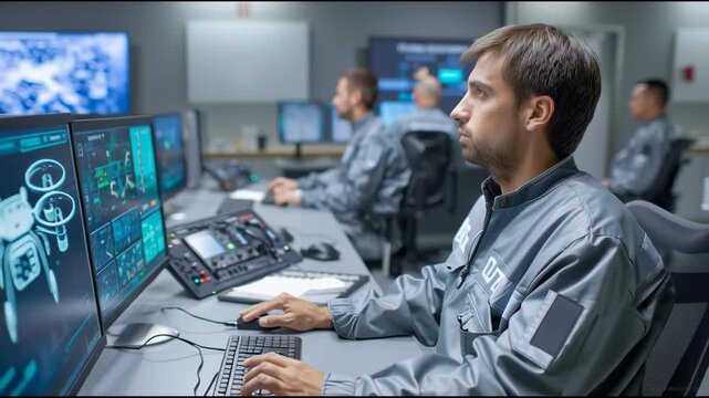 Security personnel monitoring a real-time anti-drone detection system inside a control room