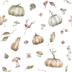 Watercolor seamless pattern with pumpkins, berries, mushrooms. Background for harvest festivals, autumn textile, fall cards