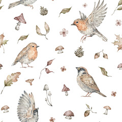 Watercolor seamless pattern with autumn birds, mushrooms, berries, acorns. Sparrow, robin bird. Woodland hand-drawn adorable creature, fall background