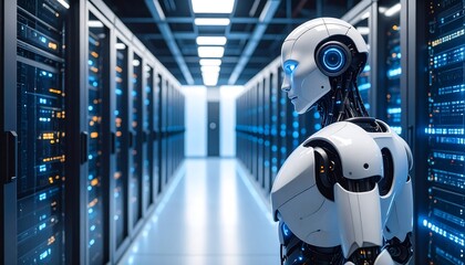 A humanoid robot stands in a server room, monitoring rows of data storage units