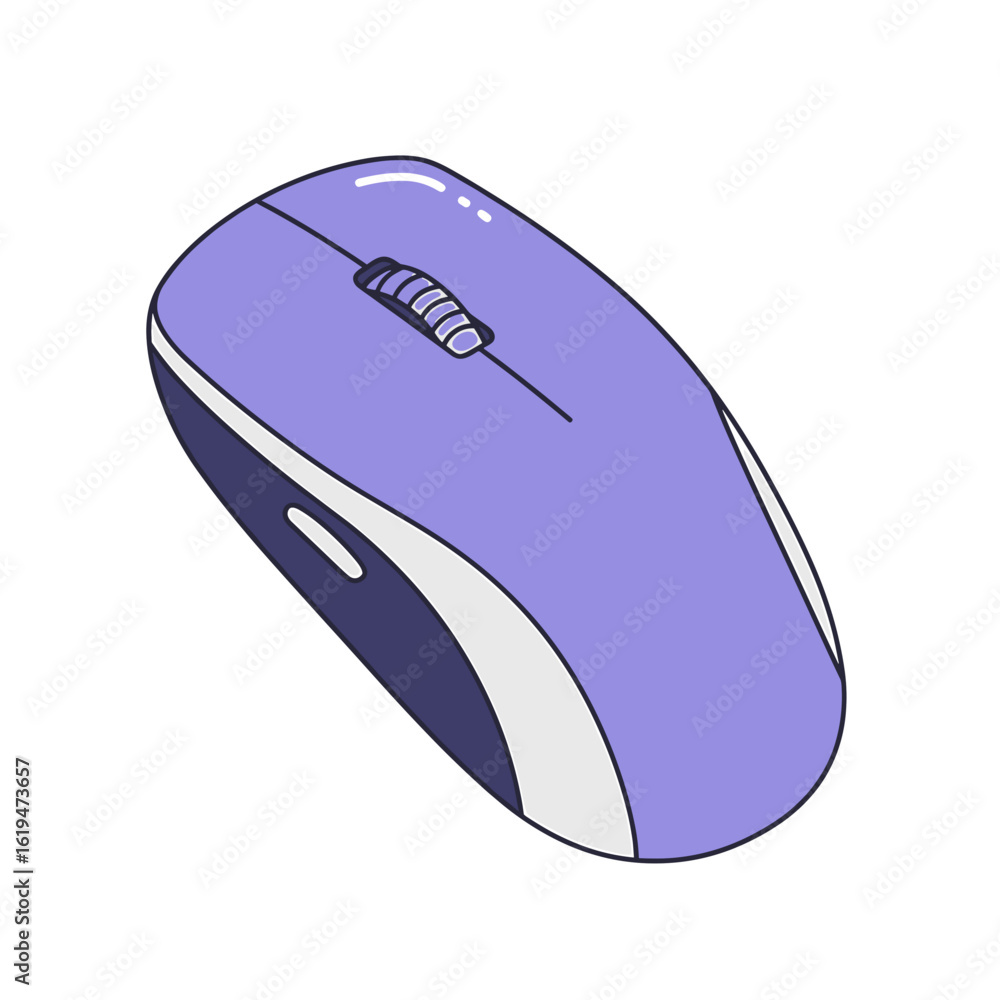 Poster purple computer mouse with ergonomic design on white background