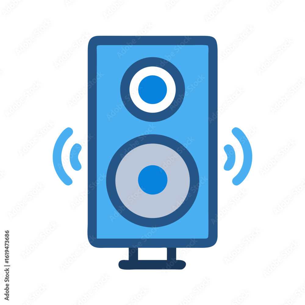 Poster stylized single loudspeaker rendering sound icon on black backdrop