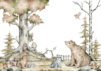 Watercolor composition with forest animals and autumn nature. Brown bear, raccoon, pine, fir tree. Wild nature scene. Wildlife fall creatures. Poster for nursery, cards, wallpapers