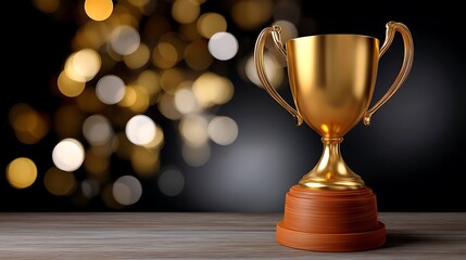 Golden Trophy on Wooden Base Against a Blurry Background of Soft Golden Lights