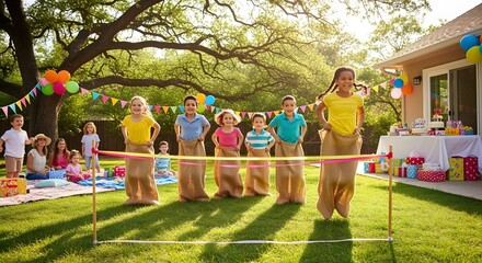 Kids Playing Sack Race in Bright Outdoor Backyard Celebration with Decorations
