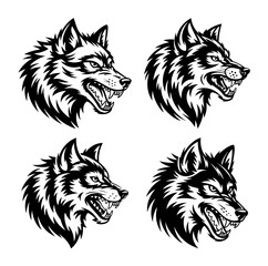 Set of Fierce Snarling Wolf Head Mascot Illustrations Black and White
