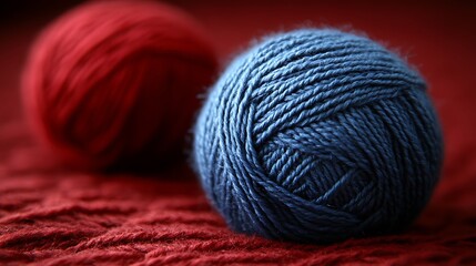 Close-up of two balls of yarn, one red and one blue.