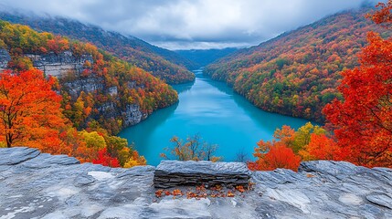 Autumnal vista of a vibrant lake nestled within a colorful mountain range.