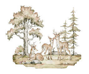 Watercolor composition with forest animals and autumn nature. Deers, pine trees, forest. Wild nature scene, valley. Wildlife woodland creatures