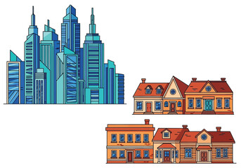 Modern skyscrapers and traditional houses on a white background buildings Vector illustration of