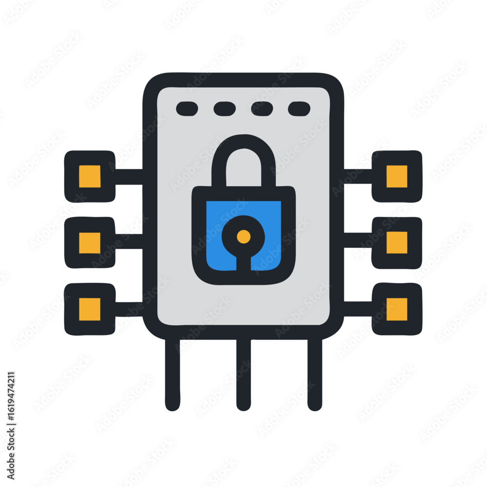 Poster secure microchip with padlock on dark background illustration