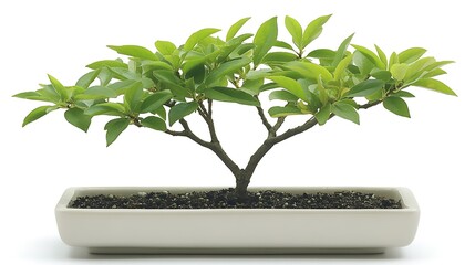 A small bonsai tree in a rectangular pot.