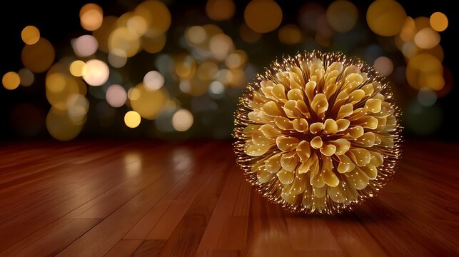 Abstract golden sphere on wooden floor with bokeh lights in the background