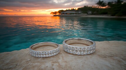 Diamond-studded rings resting on a stone surface by the water at sunset.