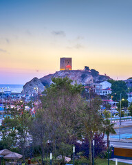 View of the Black Sea, Pier, Marina and Fortress at night and before dawn in Sile, Turkey. Seascape