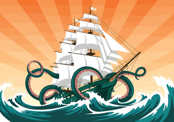 Pirate Ship Attacked by Kraken in Stormy Seas sea monster tentacles Vector illustration of
