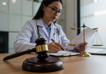 A medical professional and legal instruments, illustrating concepts of healthcare litigation and ethics