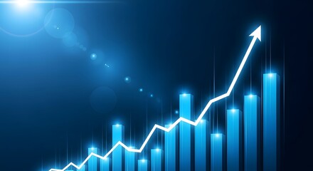 Glowing blue upward trending line graph with arrow superimposed over a futuristic digital bar chart representing financial growth and success