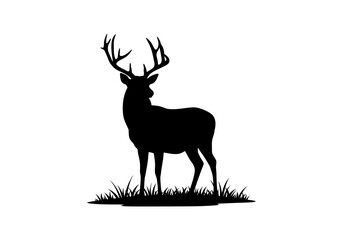 Silhouette of Majestic Antlered Deer Standing on Grass – Side View Black Vector Illustration Representing Wildlife and Forest Elegance in Minimalist Outdoor Design