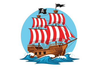 Pirate ship with red and Vector illustration of white striped sails on wavy blue water boat vessel