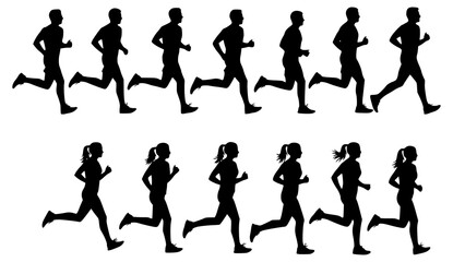 Fototapeta premium Running men and women, isolated vector silhouettes. Run, side view. Silhouettes of athletic looking male and female runners running. Transparent PNG version.