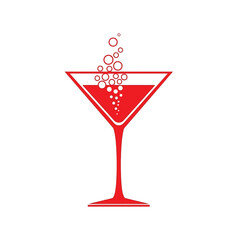 Red martini glass with red liquid and rising bubbles cocktail drink Vector illustration of