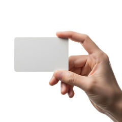 Obraz premium Hand holding blank white card business card mockup isolated on transparent background