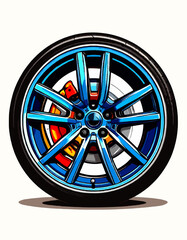 Obraz premium Cartoon Vector Illustration of a Blue Sport Car Wheel Rim with Colorful Brake Caliper