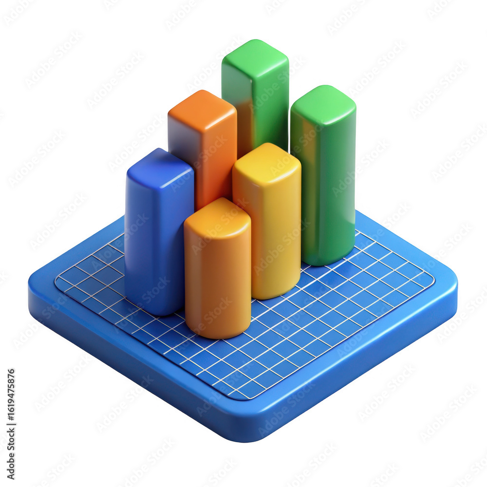 Poster colorful 3d bar chart on blueprint isolated on transparent background